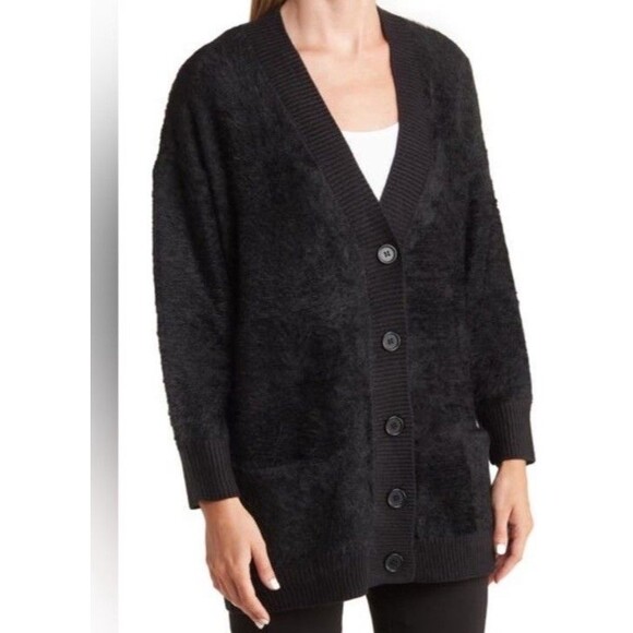 Tahari Women’s Size L Fuzzy Eyelash Soft V-Neck Black  Cardigan Sweater - Picture 1 of 11